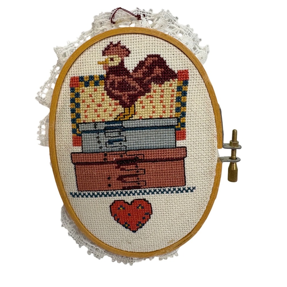 Vintage Handmade Cross Stitch Rooster Oval Wood Hoop Lace Trim Farmhouse Art